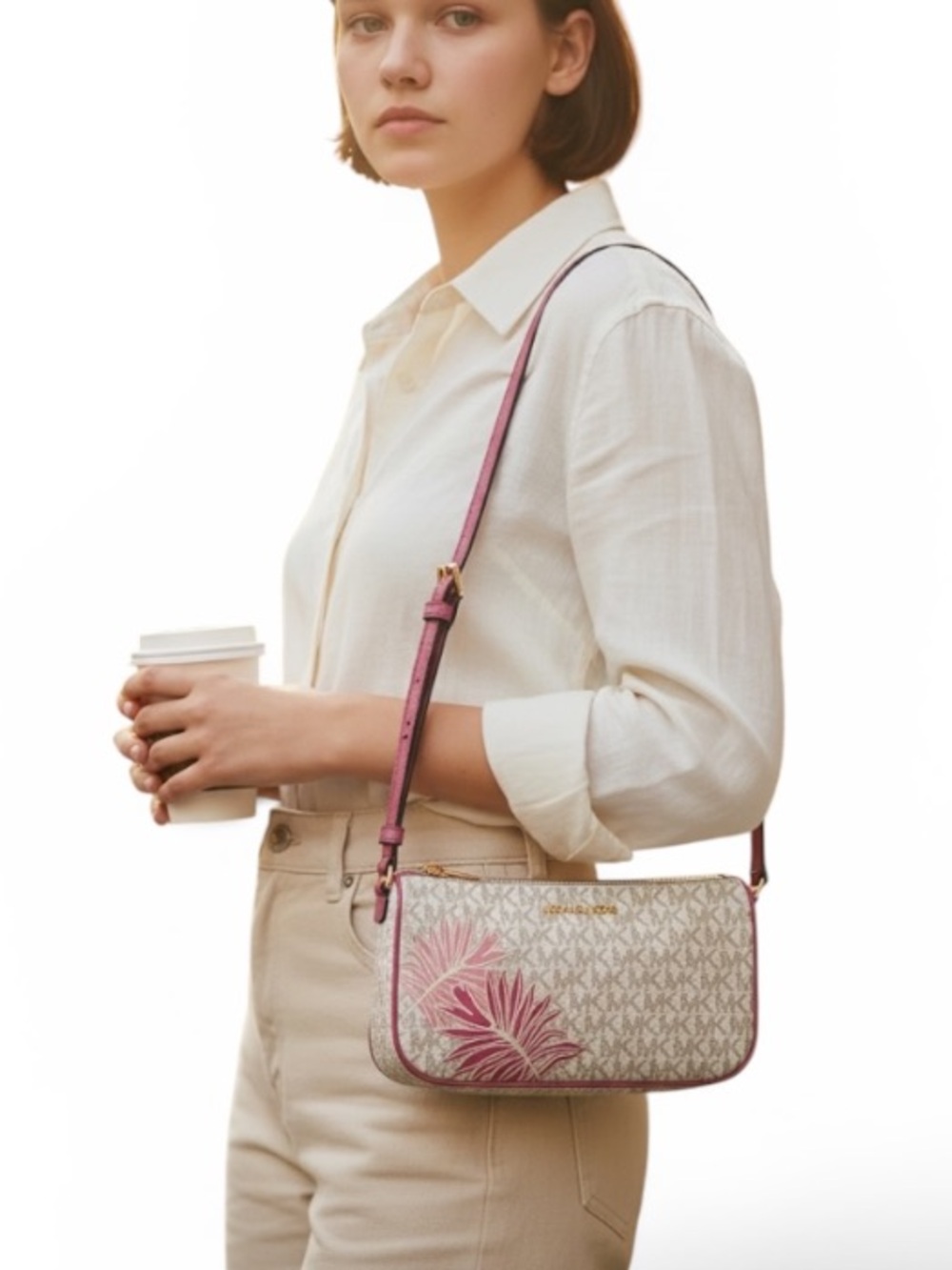 NWT Michael Kors Cream Signature Floral Crossbody With Pink Accents Gold HW